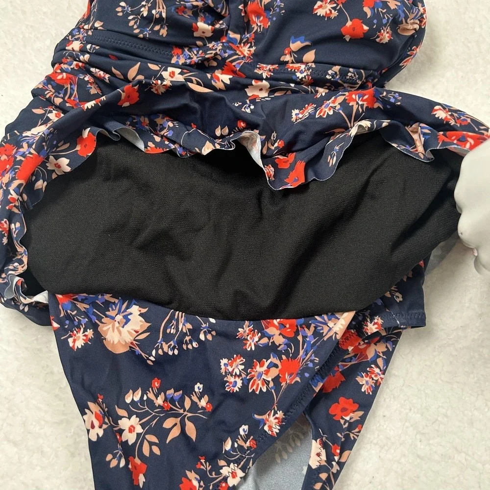 Dobreva Swimdress Womens Small Navy Floral Bandeau Skirted One Piece Swimwear - Picture 10 of 16